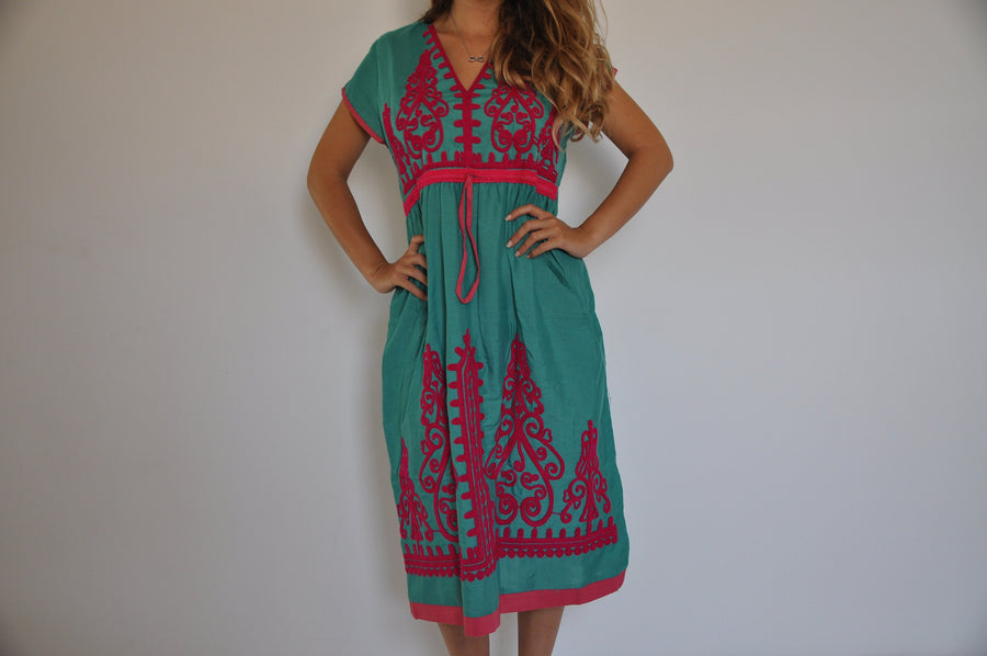 Turquoise Tunic embroidered kaftan dress, Boho embroidery tunic dress, Egyptian cotton. Summer, beach, resorts, adjustable waist, Gypsy