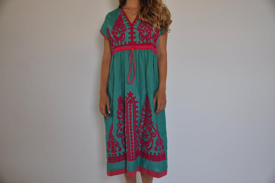 Turquoise Tunic embroidered kaftan dress, Boho embroidery tunic dress, Egyptian cotton. Summer, beach, resorts, adjustable waist, Gypsy