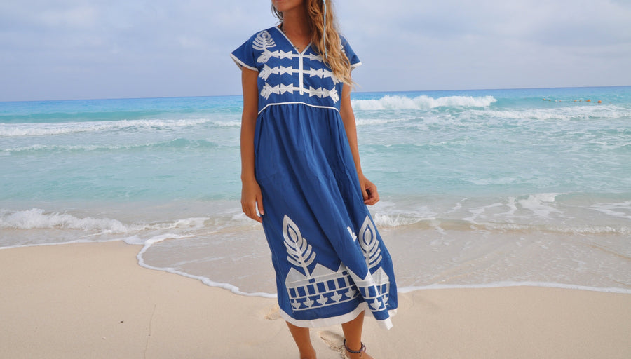 Blue Tunic embroidered kaftan dress, Boho embroidery tunic dress, Egyptian cotton. Summer, beach, resorts, Gypsy dress. S/M