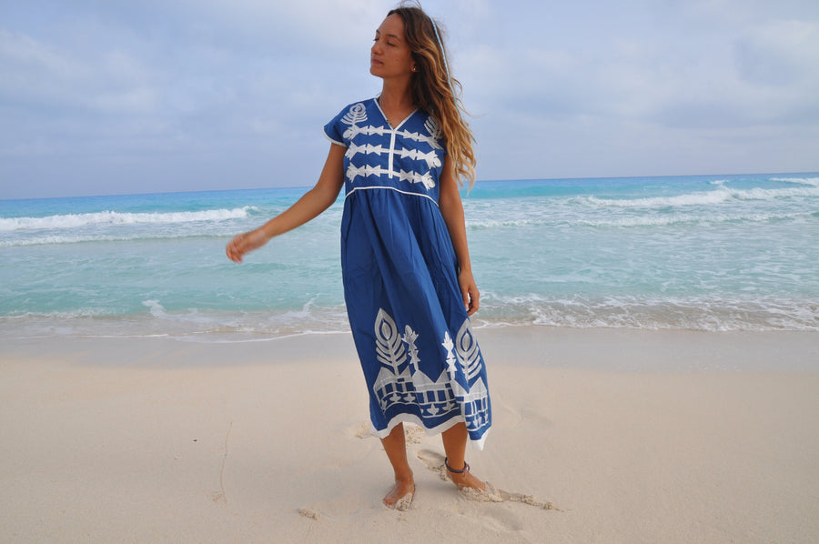 Blue Tunic embroidered kaftan dress, Boho embroidery tunic dress, Egyptian cotton. Summer, beach, resorts, Gypsy dress. S/M