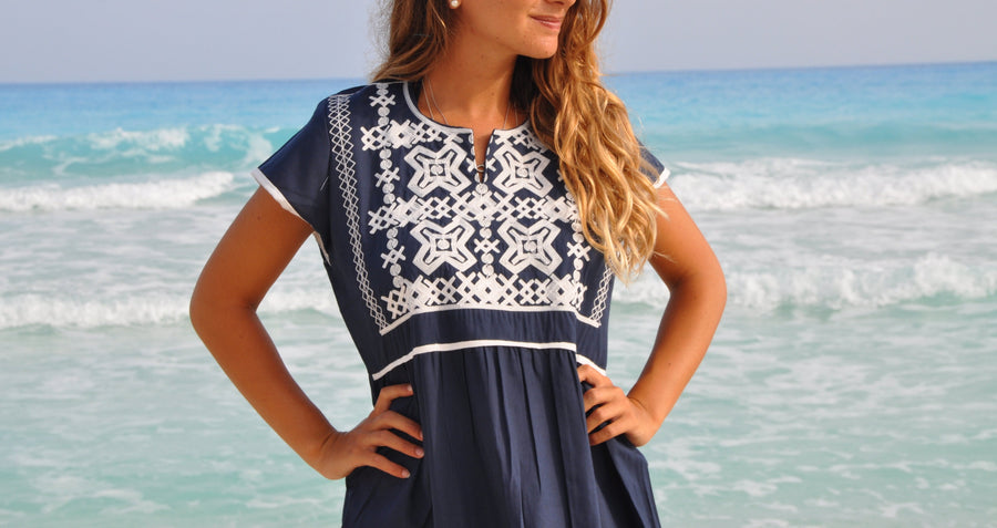 Navy Blue Tunic embroidered dress, Bohemian embroidery tunic, Egyptian cotton. Summer, beach, resorts, Gypsy dress.