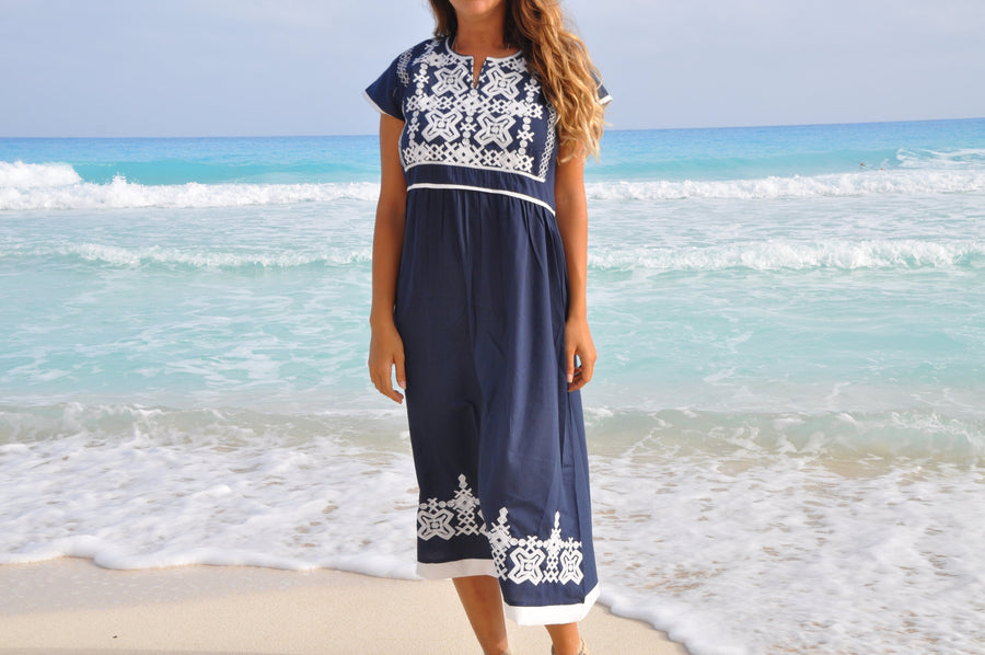 Navy Blue Tunic embroidered dress, Bohemian embroidery tunic, Egyptian cotton. Summer, beach, resorts, Gypsy dress.