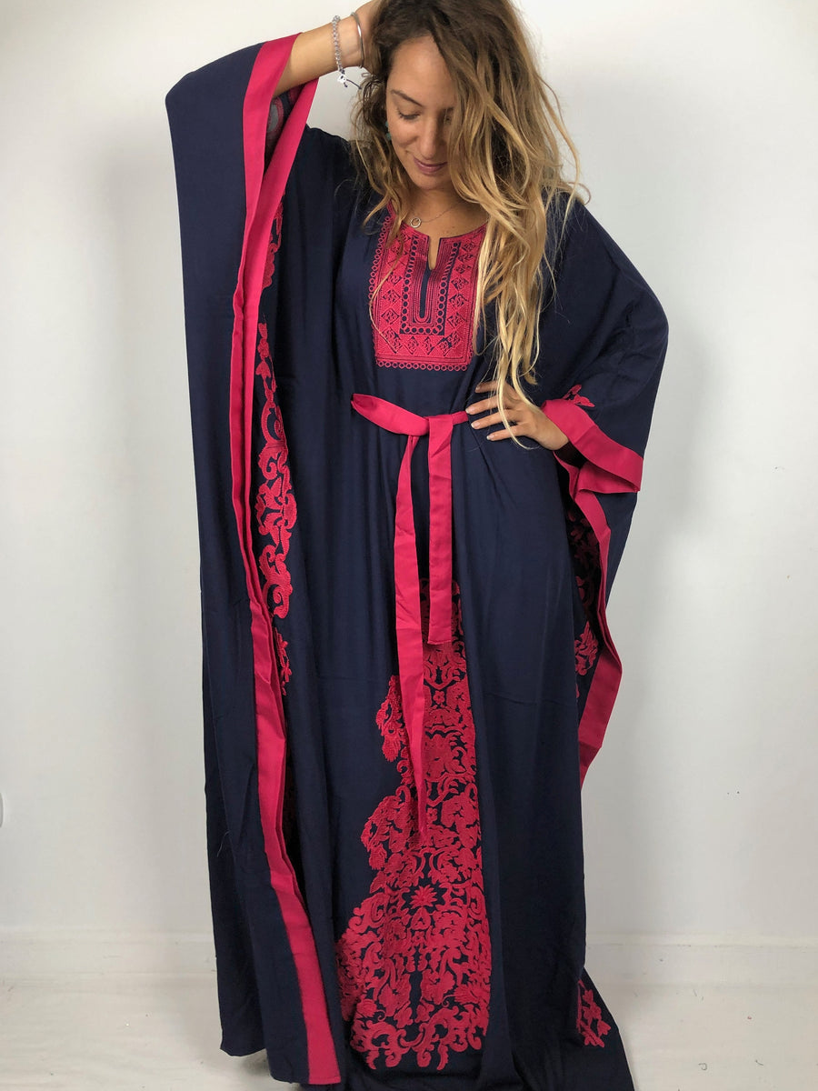 Elegant Navy blue butterfly embroidered Plus size Kaftan with belt, Loose fit Bohemian Caftan, Cotton Kaftan, Exotic Kaftan, Moroccan Caftan