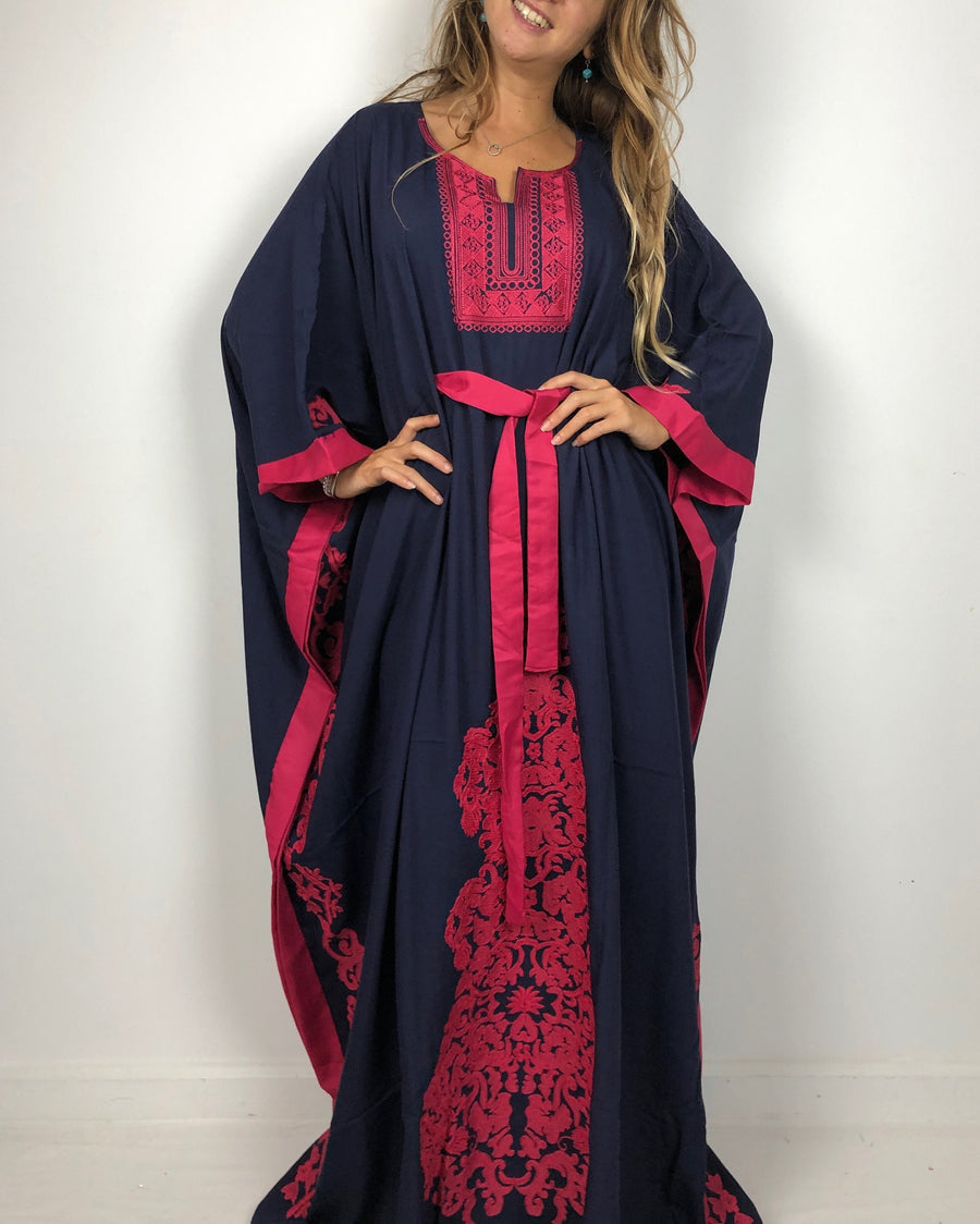 Elegant Navy blue butterfly embroidered Plus size Kaftan with belt, Loose fit Bohemian Caftan, Cotton Kaftan, Exotic Kaftan, Moroccan Caftan