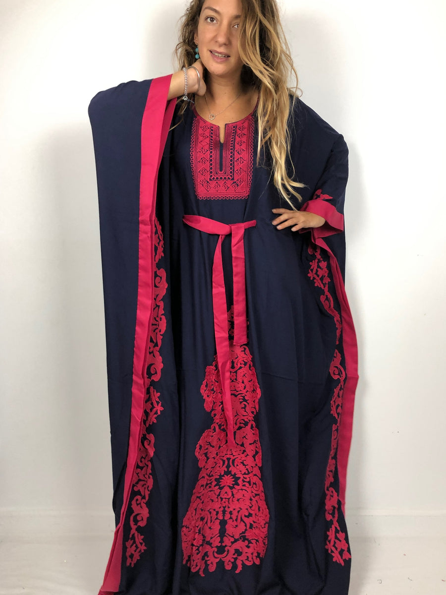 Elegant Navy blue butterfly embroidered Plus size Kaftan with belt, Loose fit Bohemian Caftan, Cotton Kaftan, Exotic Kaftan, Moroccan Caftan