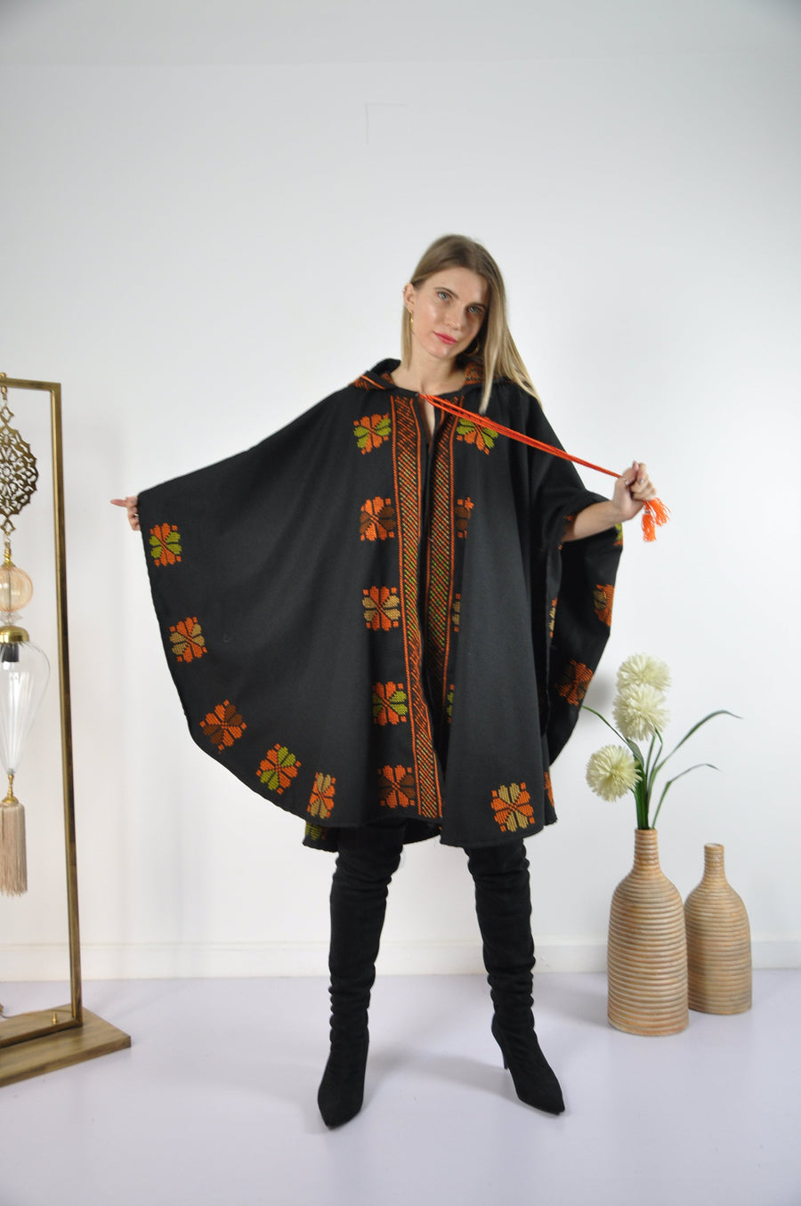 Bedouin embroidered hooded wool coat cloak, Morocco vintage, Boho cloak, Winter cloak, hooded cape, hooded shawl, winter wool cloak,