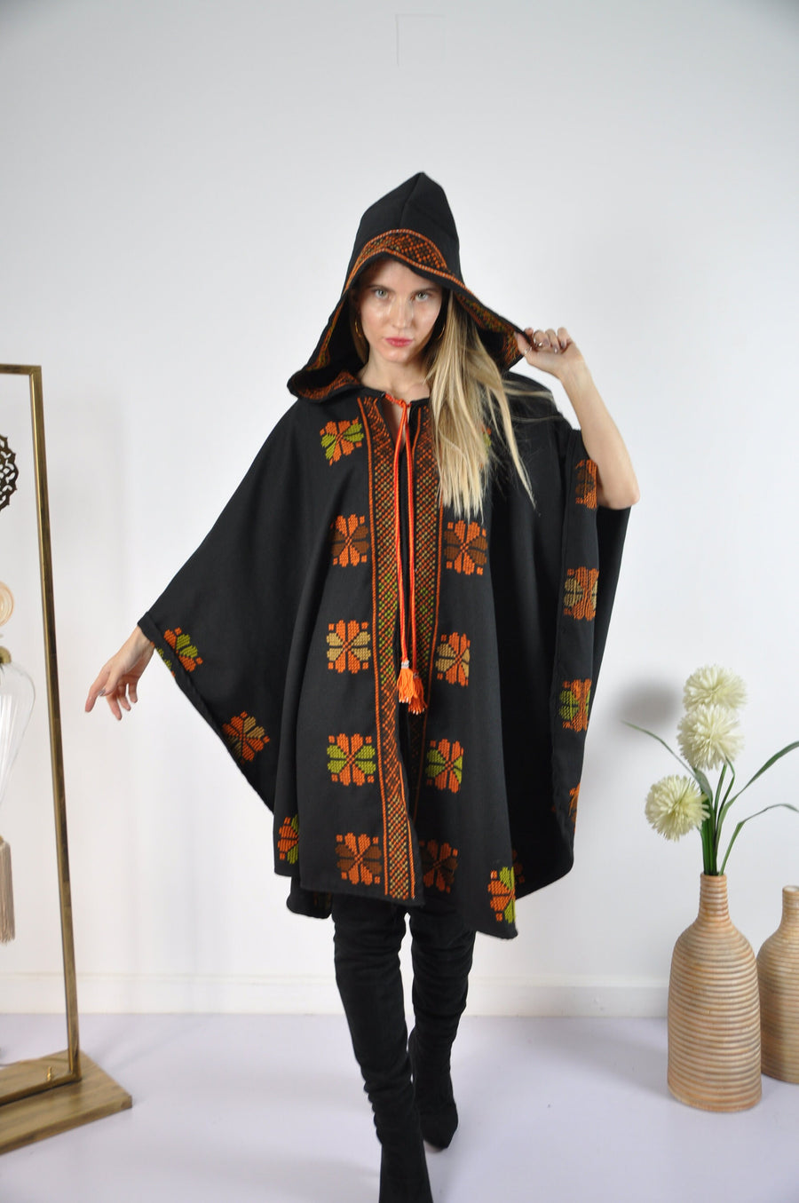 Bedouin embroidered hooded wool coat cloak, Morocco vintage, Boho cloak, Winter cloak, hooded cape, hooded shawl, winter wool cloak,