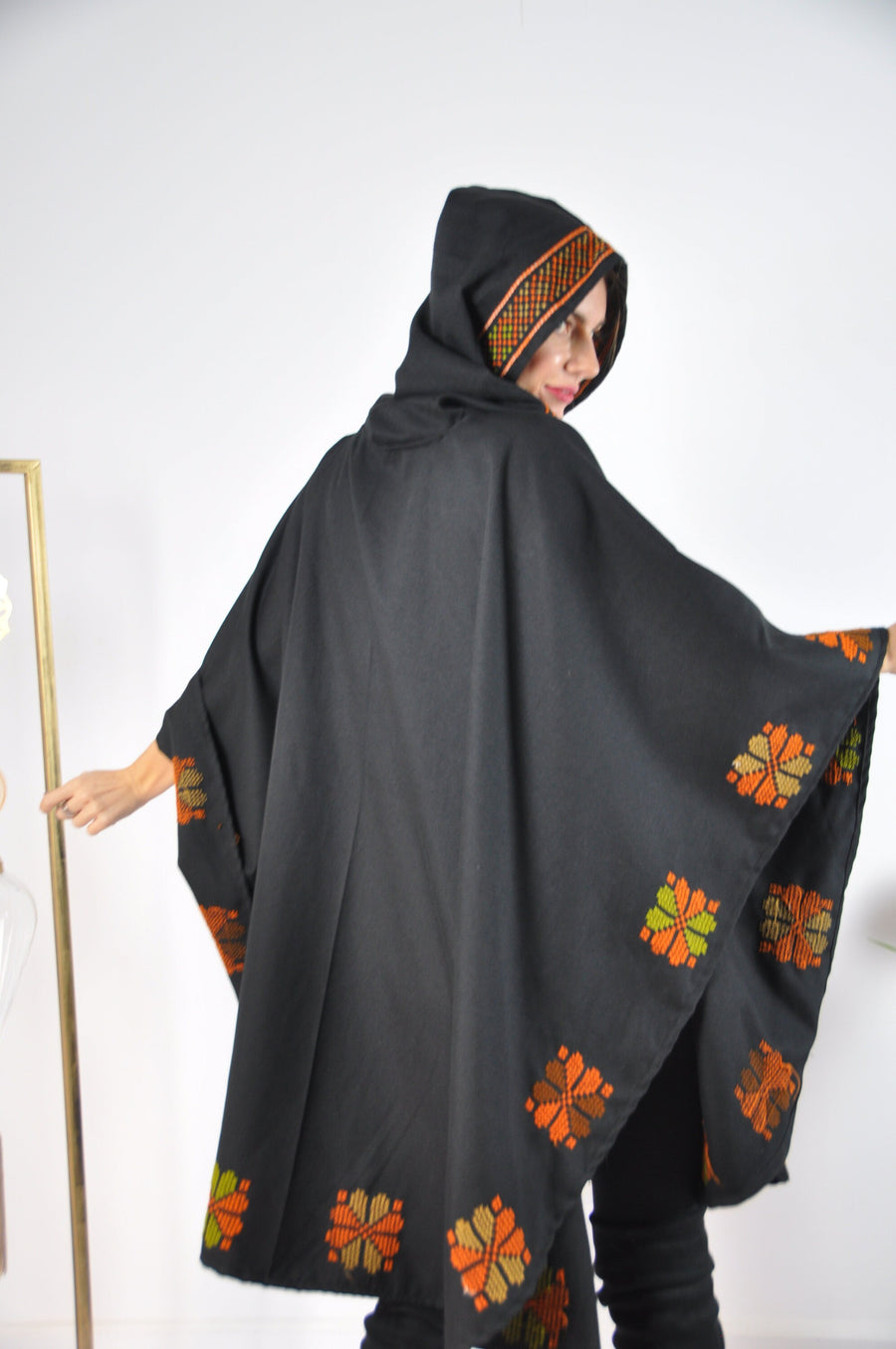 Bedouin embroidered hooded wool coat cloak, Morocco vintage, Boho cloak, Winter cloak, hooded cape, hooded shawl, winter wool cloak,