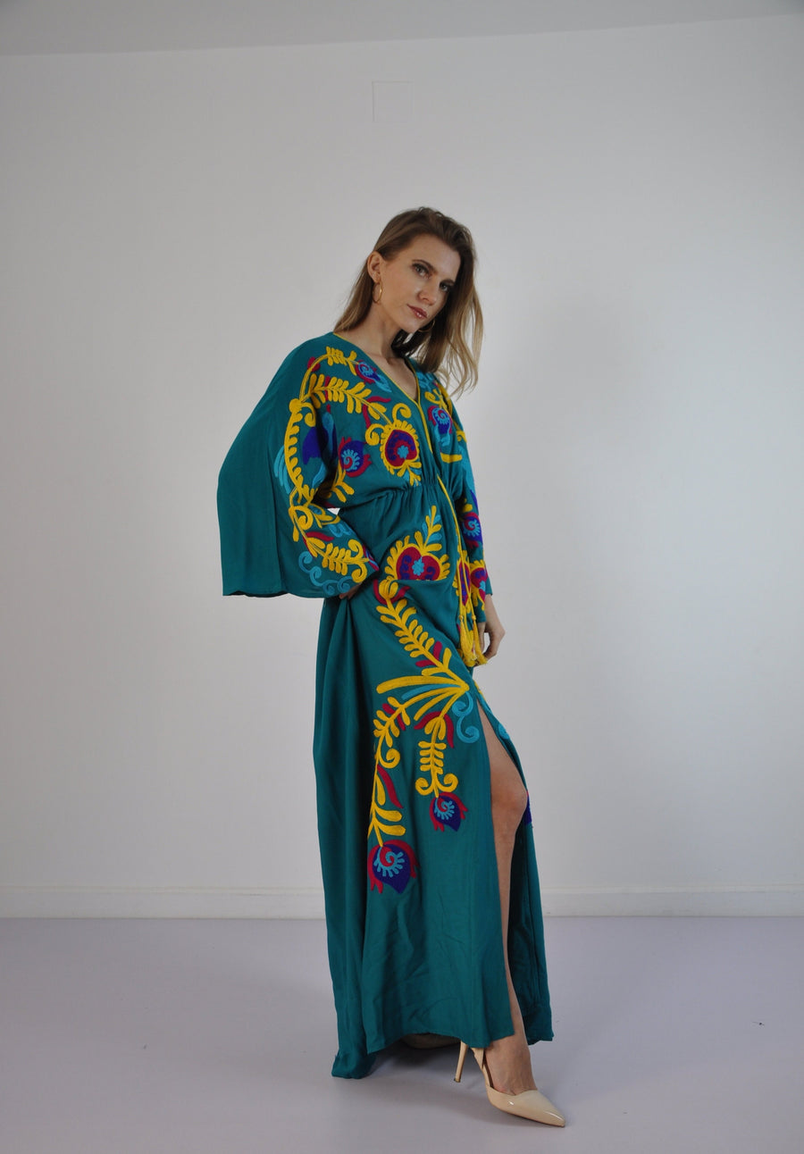 Vibrant Turquoise summer Kaftan, Embroidered Kaftan dress, Kaftans for women, Boho maxi Kaftan, Bohemian maxi dress, Boho summer Kaftan,