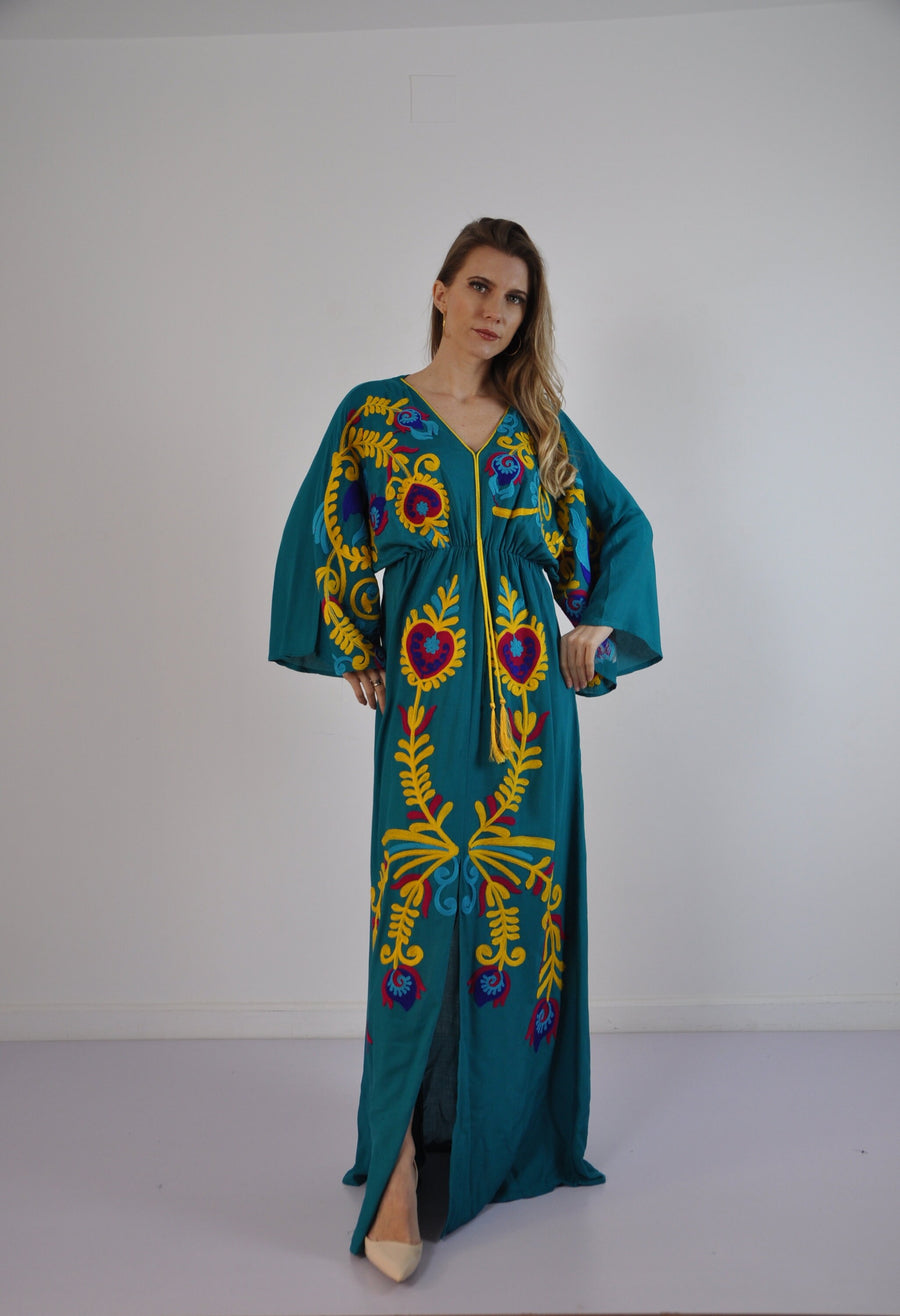 Vibrant Turquoise summer Kaftan, Embroidered Kaftan dress, Kaftans for women, Boho maxi Kaftan, Bohemian maxi dress, Boho summer Kaftan,