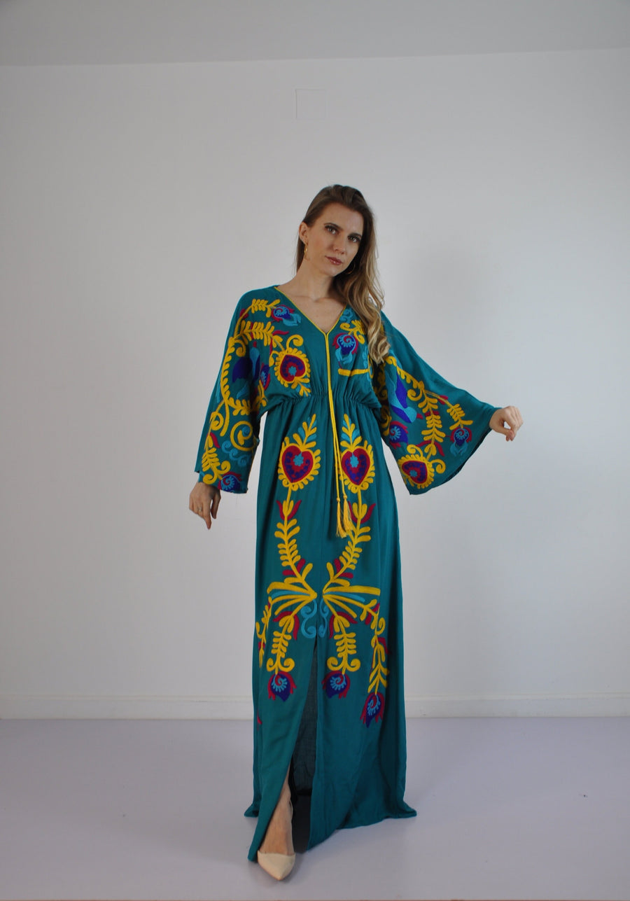 Vibrant Turquoise summer Kaftan, Embroidered Kaftan dress, Kaftans for women, Boho maxi Kaftan, Bohemian maxi dress, Boho summer Kaftan,