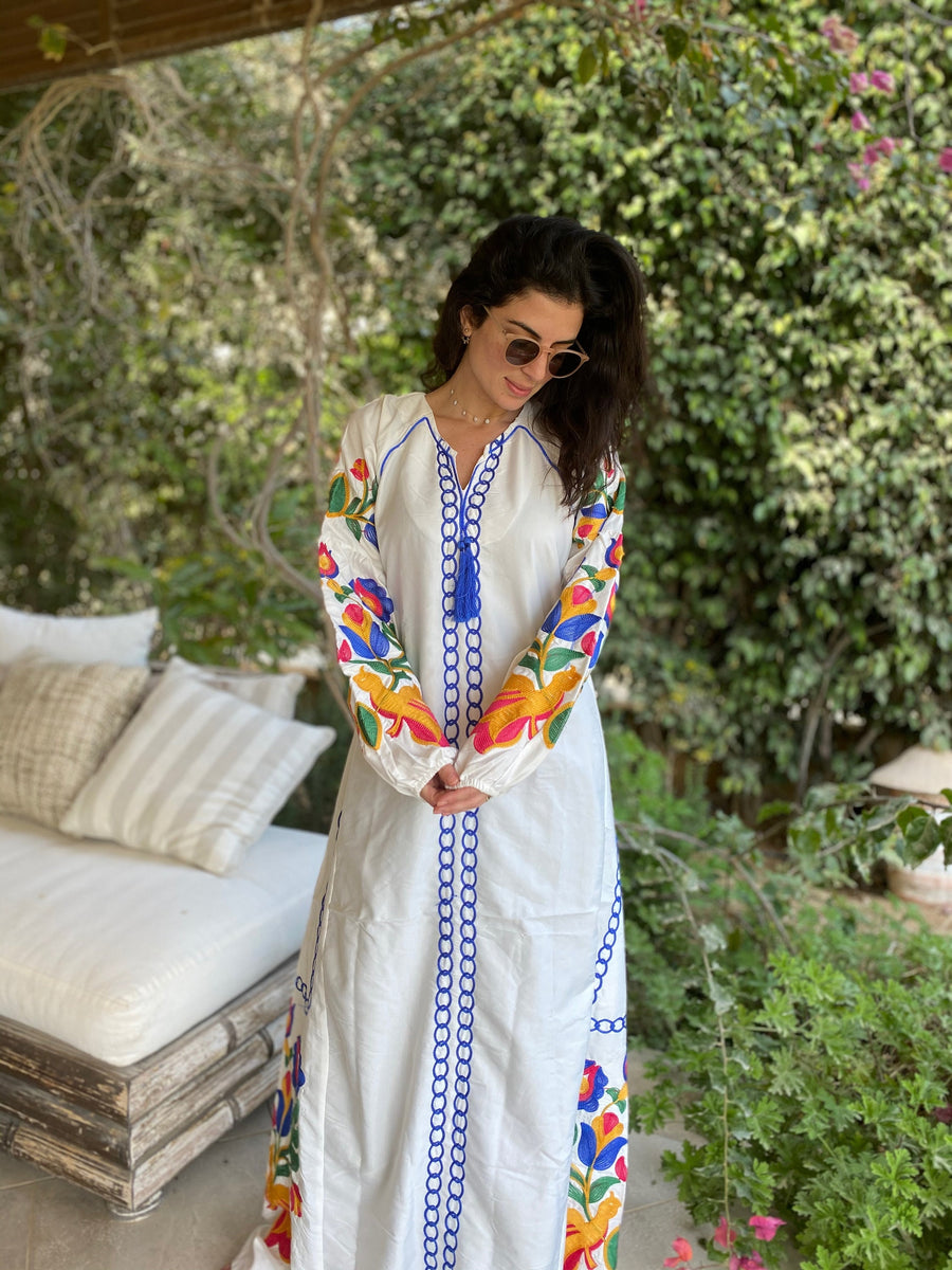 Boho white summer Kaftan, Long sleeve cotton Kaftan dress, Colorful embroidered Kaftan dress, kaftan maxi dress, Caftans for women, Caftans