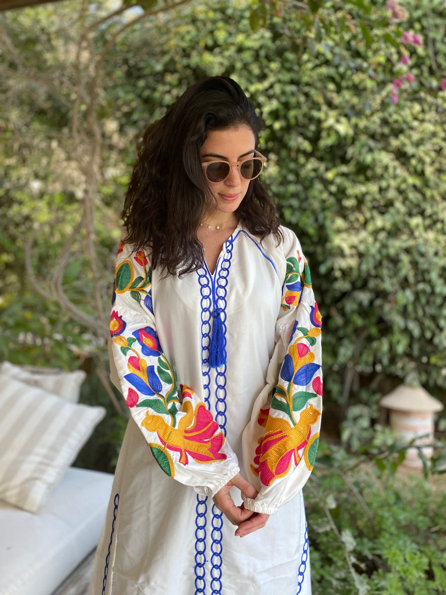 Boho white summer Kaftan, Long sleeve cotton Kaftan dress, Colorful embroidered Kaftan dress, kaftan maxi dress, Caftans for women, Caftans