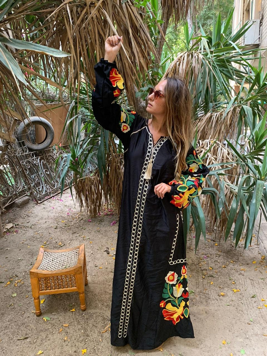 Boho black Caftan, Long sleeve Caftan dress, Colorful embroidered Caftan dress, Caftan maxi dress, Caftans for women, Caftans