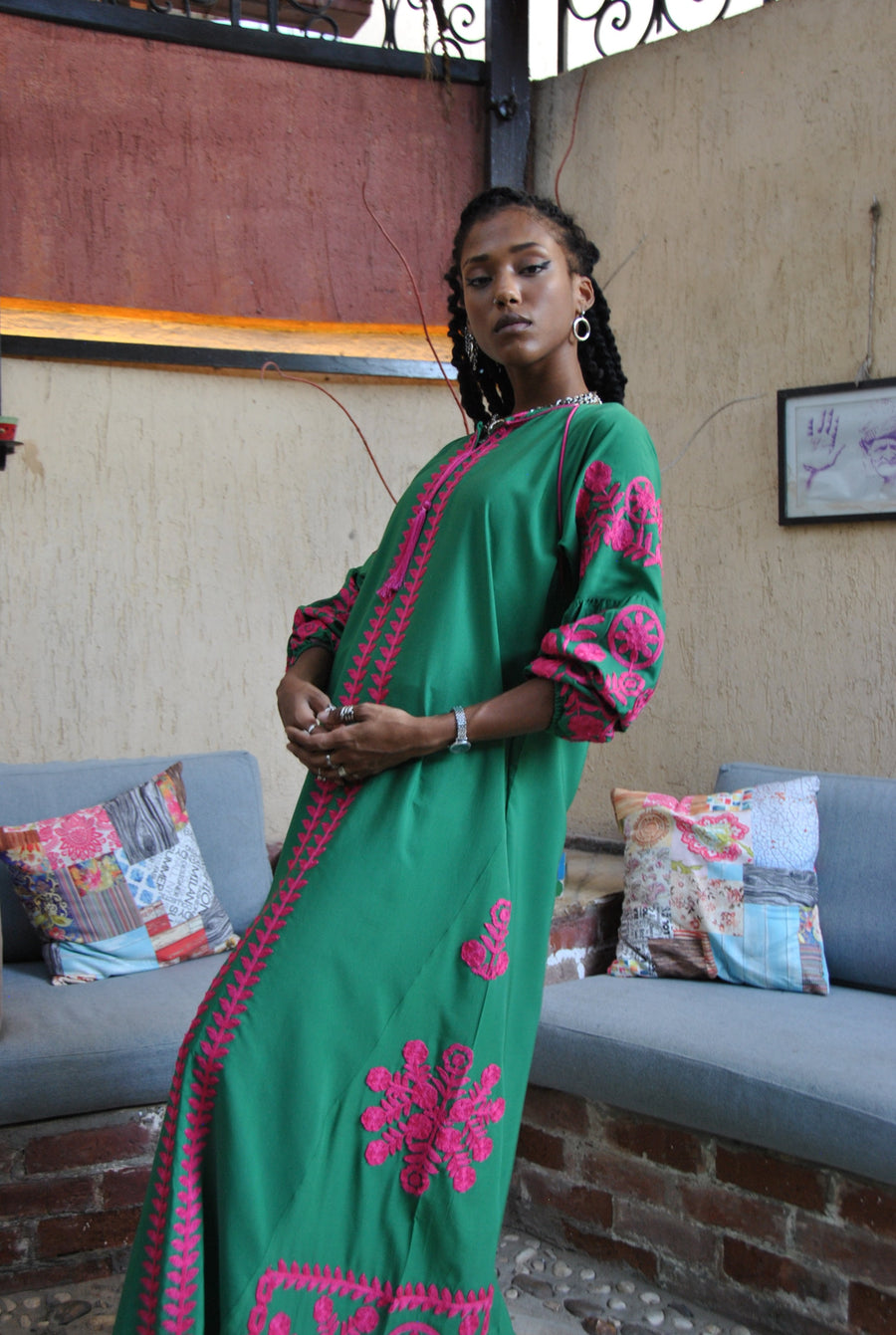 Boho green Caftan, Long sleeve Caftan dress, Colorful embroidered Caftan dress, Caftan maxi dress, Caftans for women, Caftans