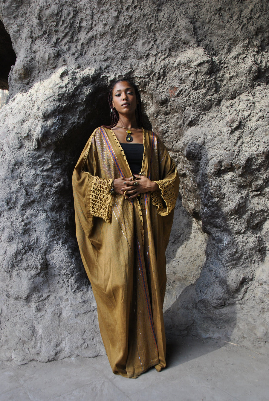 Egyptian Goddess Kimono, Hand loomed Kimono with crochet details, Winter Wool Kimono, Gold Kimono, Kimono, Abaya, Handmade Abay