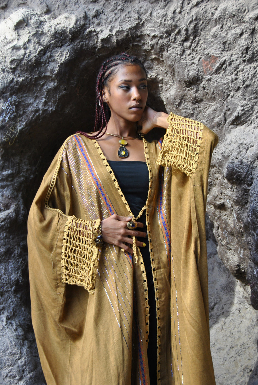 Egyptian Goddess Kimono, Hand loomed Kimono with crochet details, Winter Wool Kimono, Gold Kimono, Kimono, Abaya, Handmade Abay