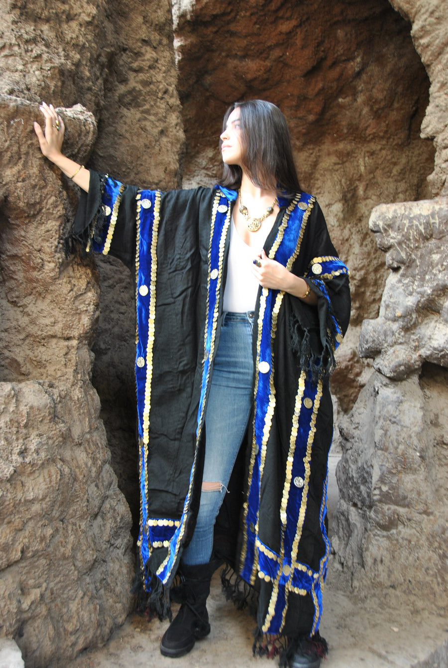 Bedouin gypsy hand loomed Kimono, Wool Winter jacket, hand stitched coins, hooded jacket, Wool Gypsy Jacket, Winter Abaya, Abayas for women