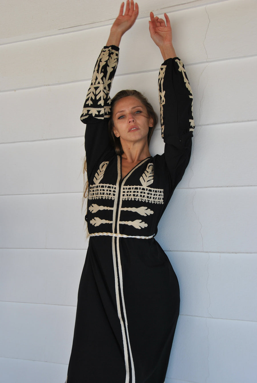 Open slit Black cotton Kaftan with belt, embroidered long sleeve Kaftan, Caftan maxi dress, Caftans for women, cotton caftan, caftans