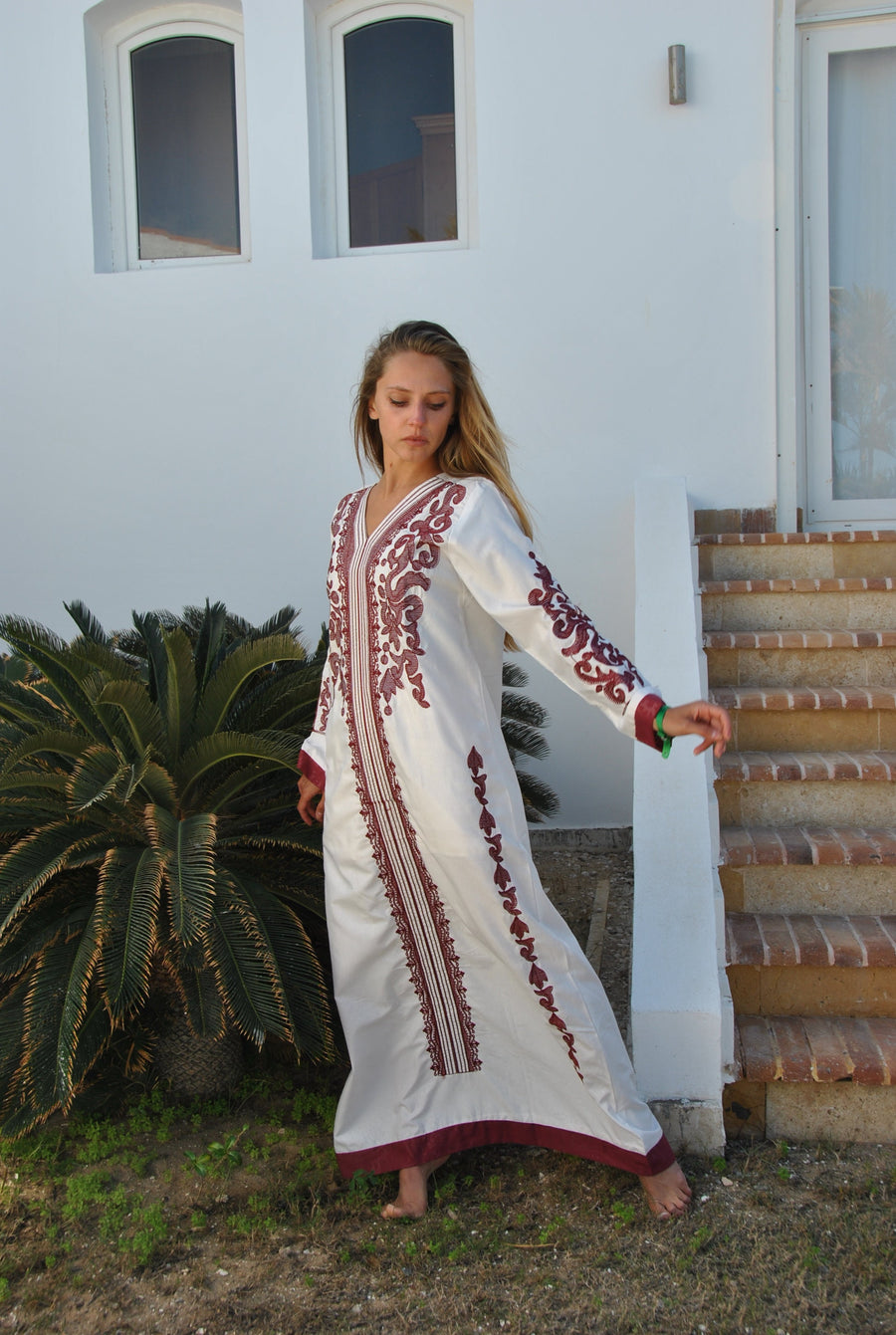 White Summer Bohemian Maxi kaftan dress, cotton caftans, Long sleeve caftan, Chic embroidered caftan, Egyptian cotton caftan dress, caftans