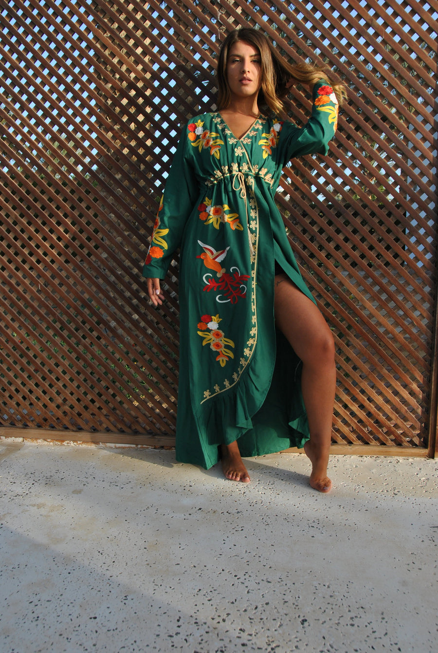 Green birds embroidered caftan, Open slit Cotton caftan dress, African women clothing, Bohemian maxi dress, Boho summer caftan, kaftans