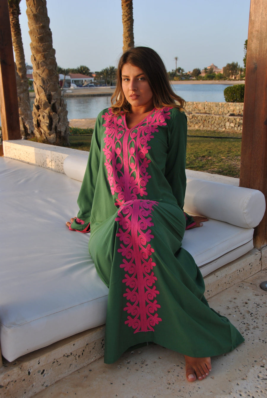 Green Autumn / Winter Bohemian Maxi kaftan dress, Long sleeve caftan, Chic embroidered caftan, High quality Egyptian cotton.