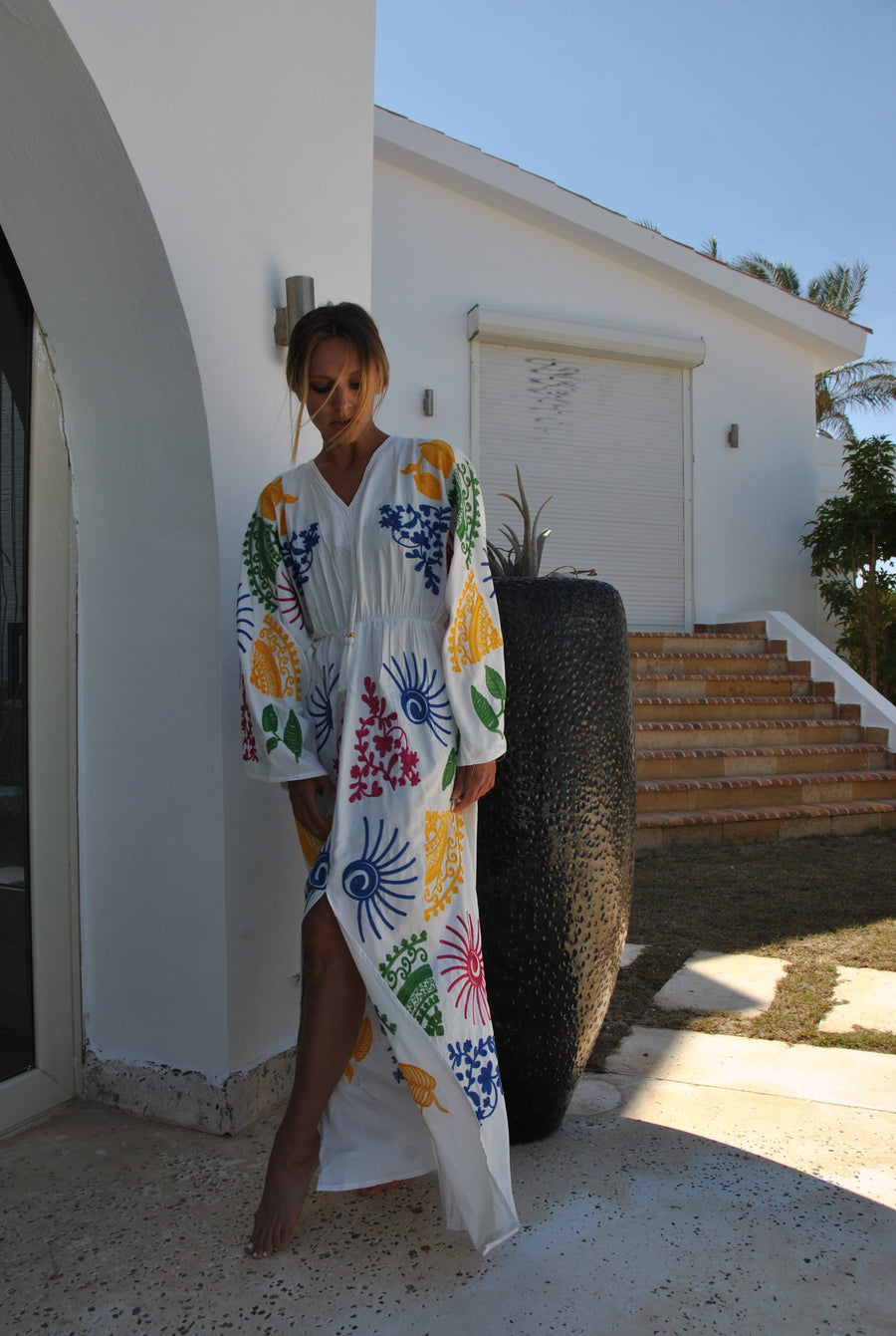 Colorful white embroidered ocean caftan, Cotton caftan dress, African women clothing, Boho maxi dress, Bohemian maxi dress, Boho caftan