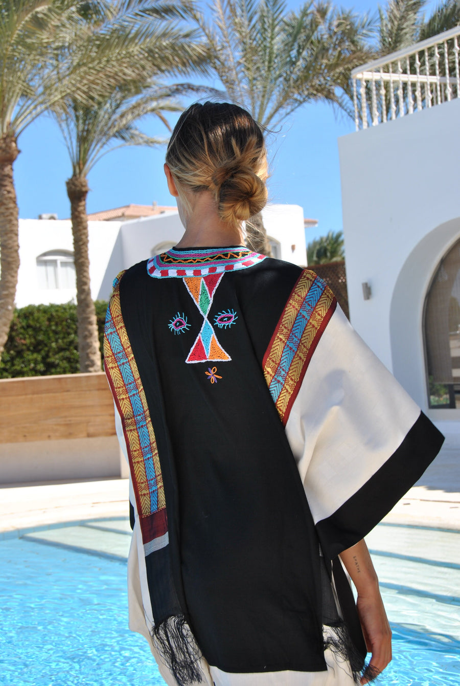 Black/white siwa hand embroidered Kaftan, Plus size caftans for women, Loose fit butterfly style dress, Egyptian cotton, kaftans womens