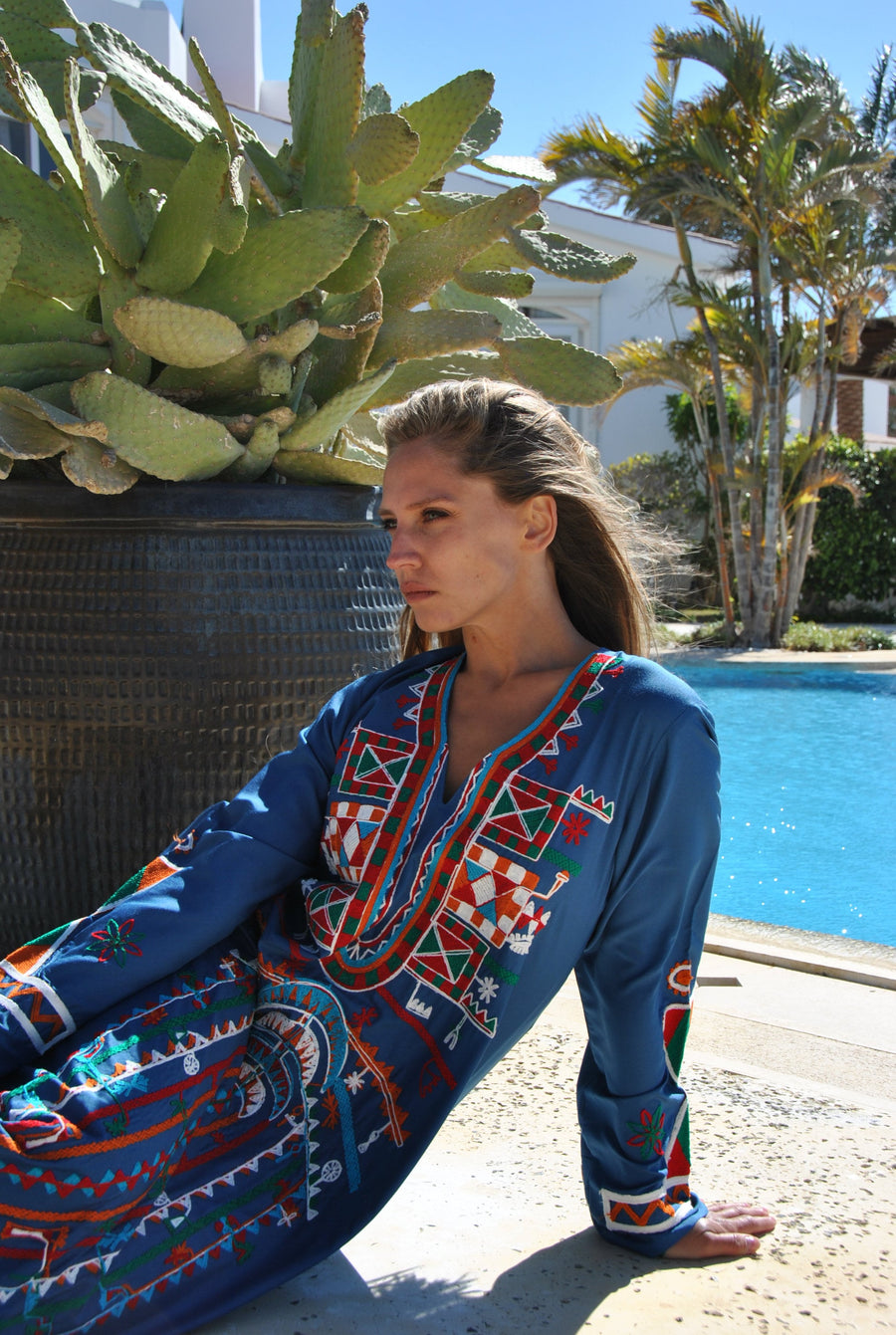 Siwa Blue embroidered cotton Caftan with pocket, embroidered caftan dress, Caftan dress, Caftan maxi dress, Caftans for women, Caftans