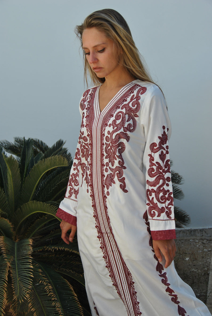 White Summer Bohemian Maxi kaftan dress, cotton caftans, Long sleeve caftan, Chic embroidered caftan, Egyptian cotton caftan dress, caftans