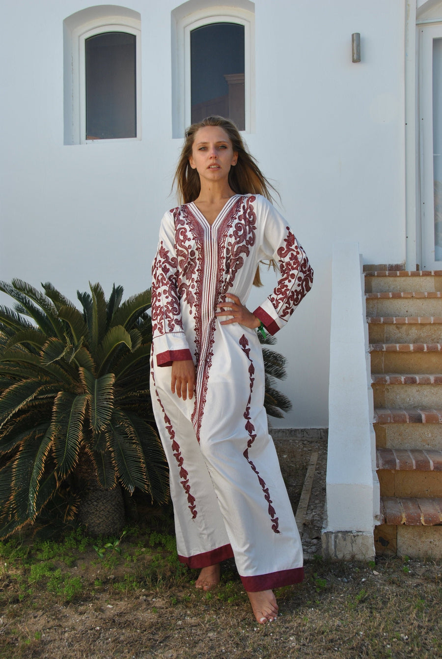 White Summer Bohemian Maxi kaftan dress, cotton caftans, Long sleeve caftan, Chic embroidered caftan, Egyptian cotton caftan dress, caftans