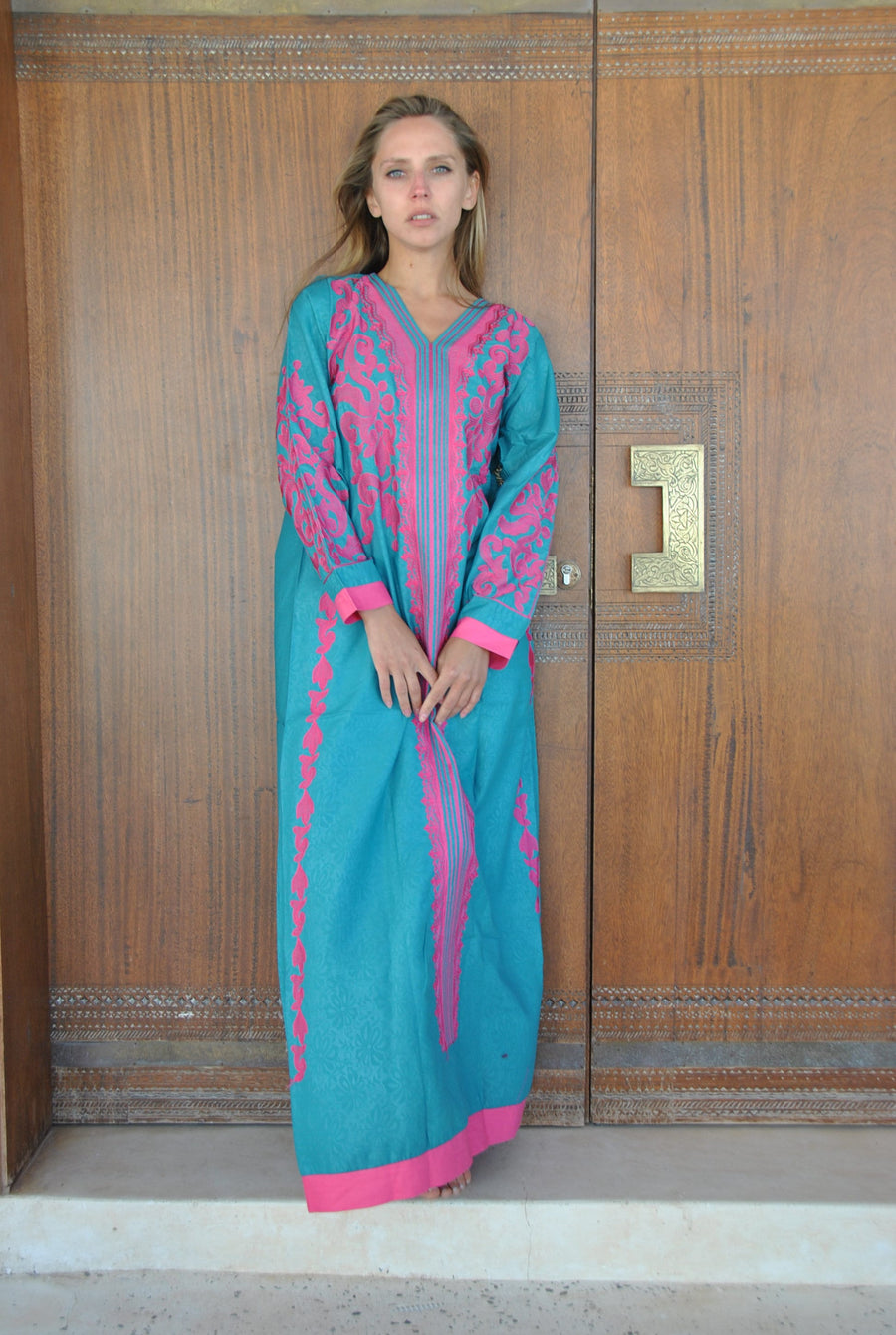 Teal green Summer Bohemian kaftan dress, cotton caftans, Long sleeve caftan, Chic embroidered caftan, Egyptian cotton caftan dress, caftans