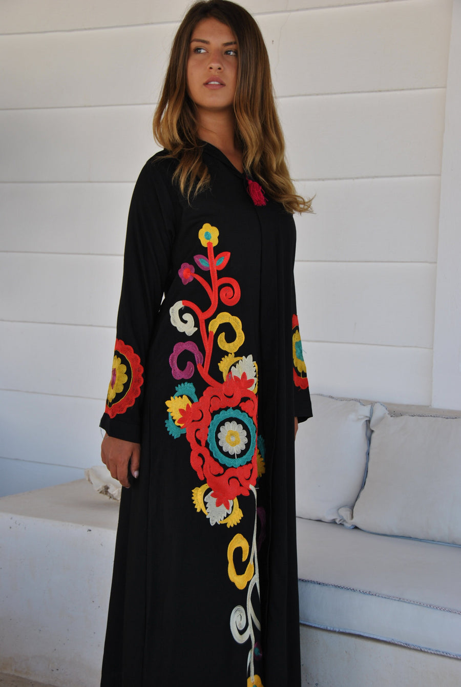 Black flower embroidered Caftan with tassels, summer caftan, Caftans for women, embroidered Caftan dress, Caftan maxi dress