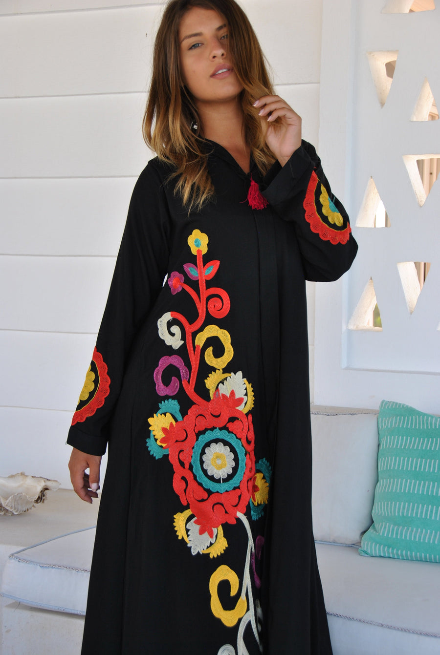 Black flower embroidered Caftan with tassels, summer caftan, Caftans for women, embroidered Caftan dress, Caftan maxi dress