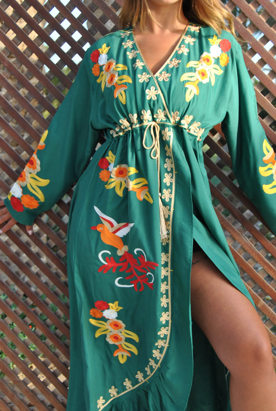 Green birds embroidered caftan, Open slit Cotton caftan dress, African women clothing, Bohemian maxi dress, Boho summer caftan, kaftans