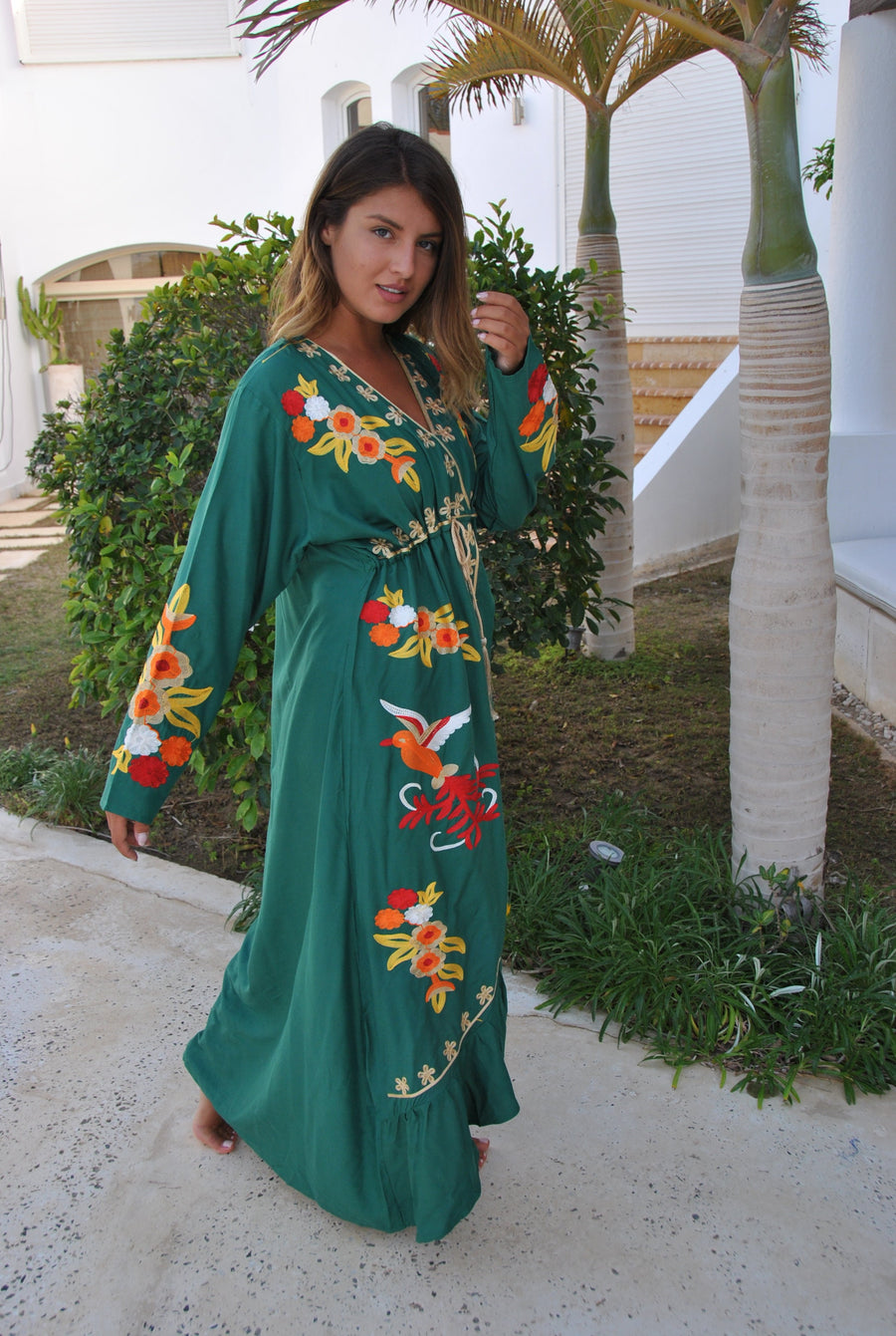 Green birds embroidered caftan, Open slit Cotton caftan dress, African women clothing, Bohemian maxi dress, Boho summer caftan, kaftans