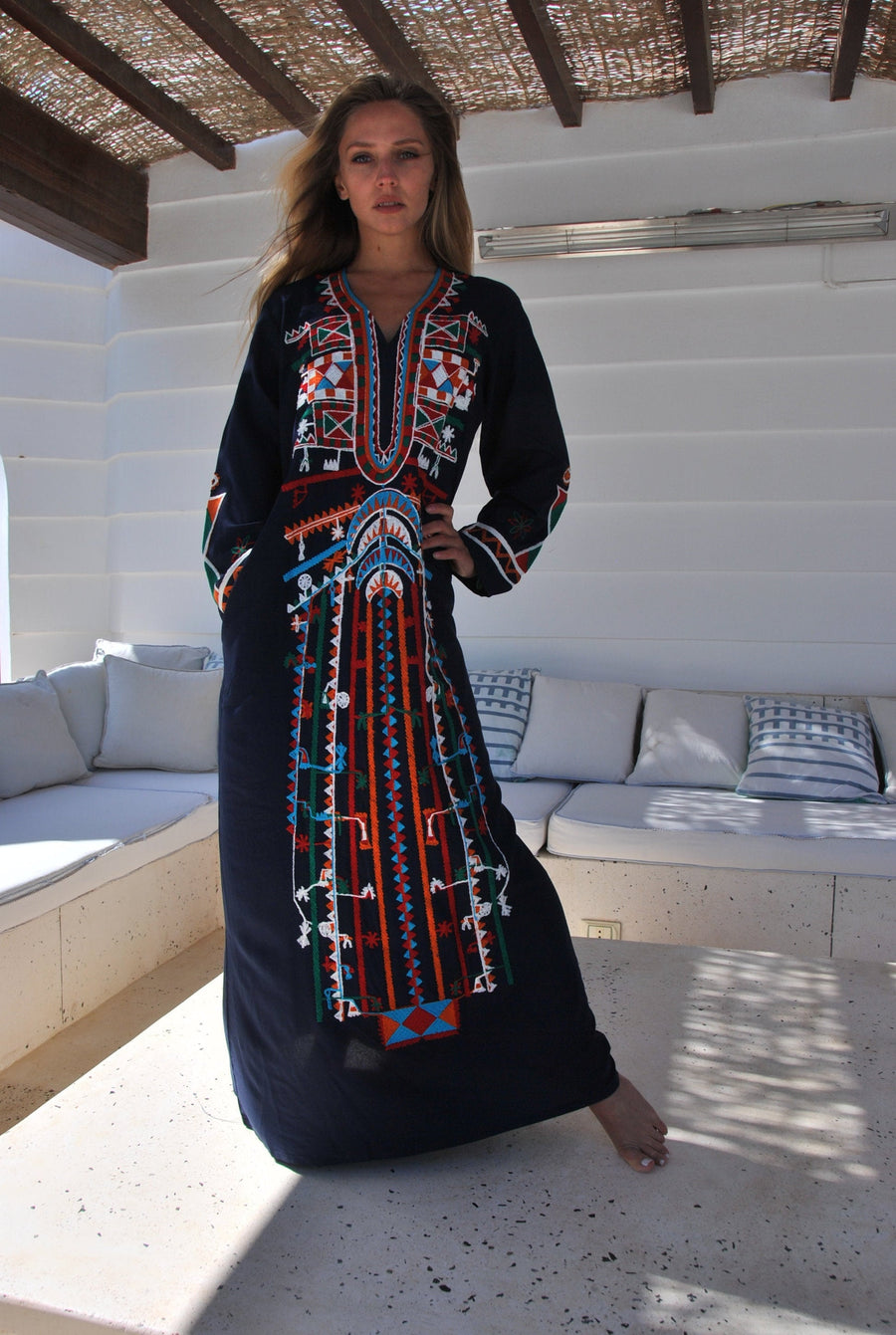 Siwa Navy Blue embroidered cotton Caftan with pocket Kaftan maxi emb Gipci LLC