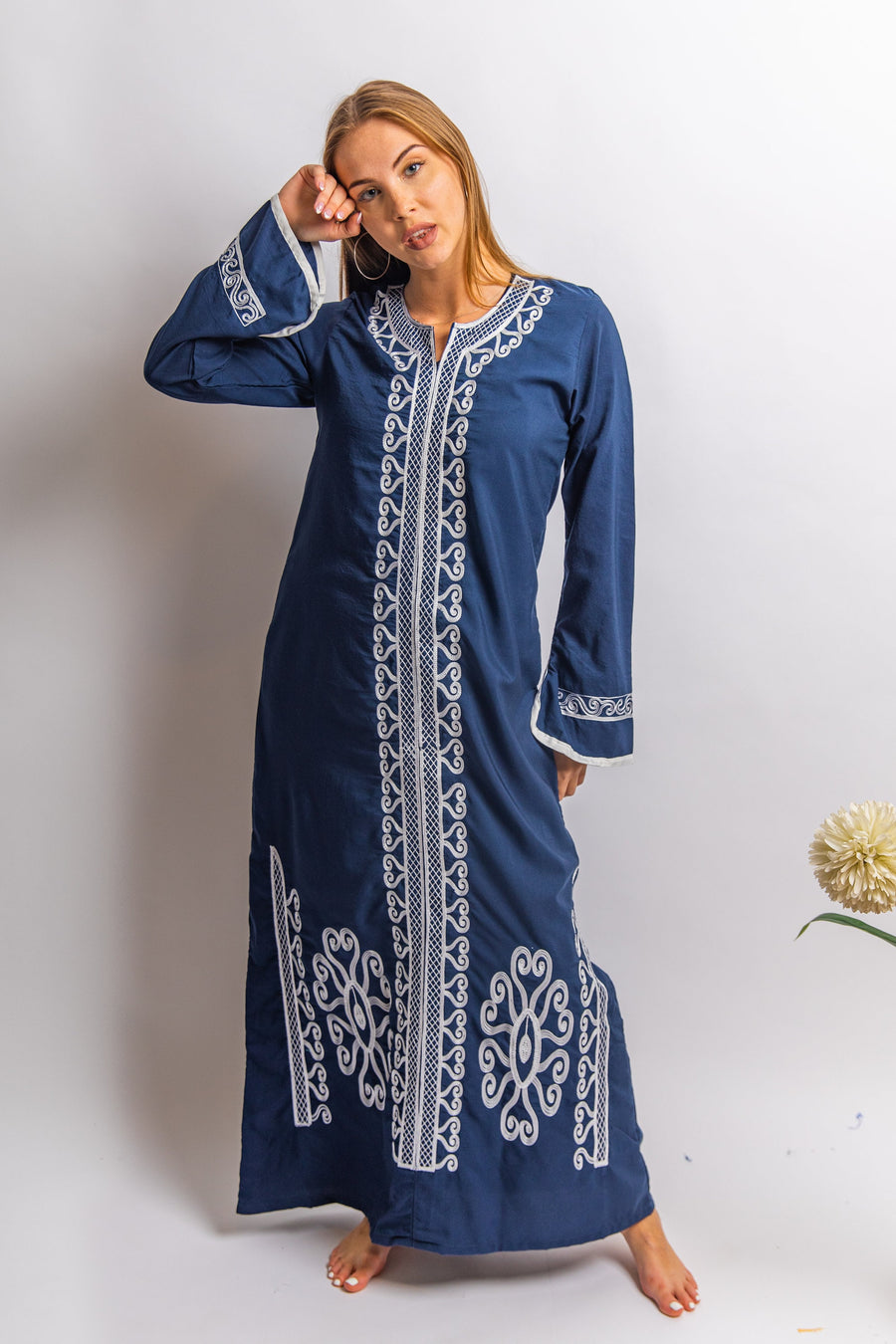 Navy blue Autumn / Winter Bohemian Maxi kaftan dress, Long sleeve cotton caftan, Chic embroidered caftan, Egyptian cotton, caftans for women