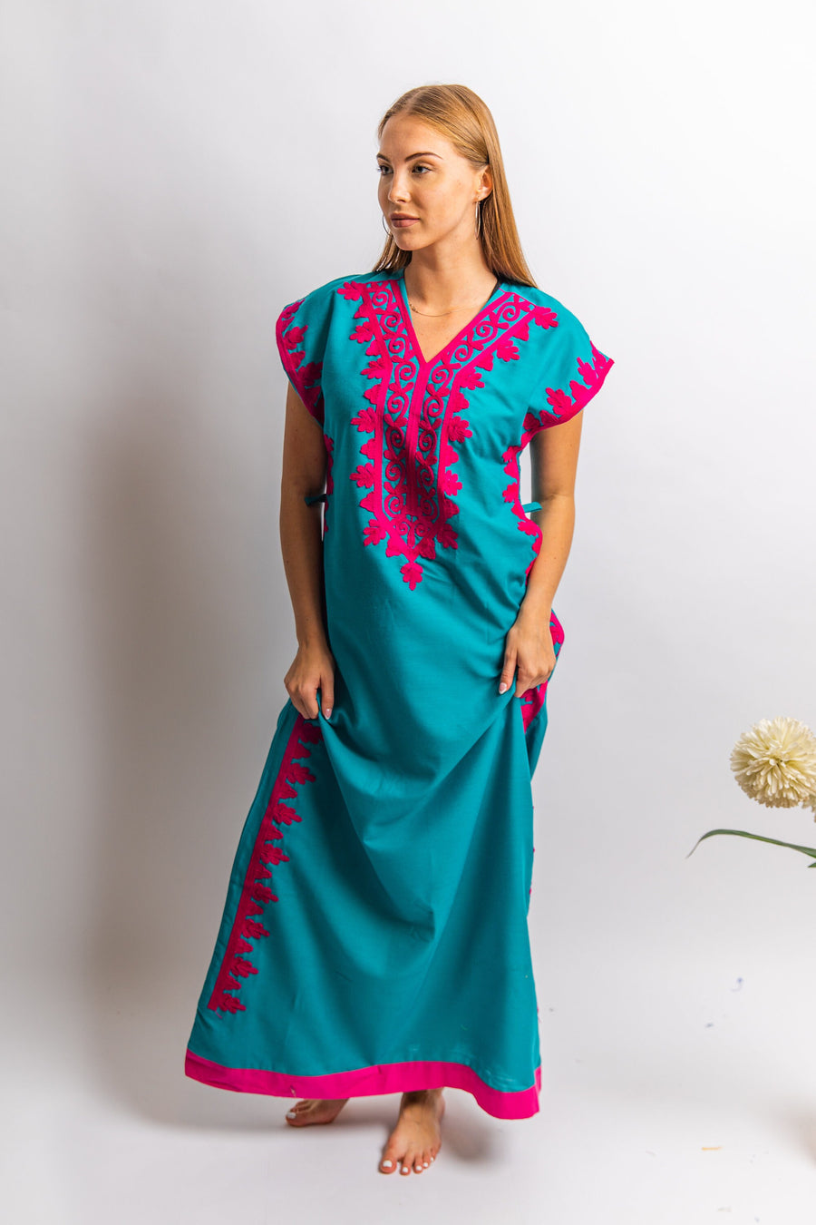 Elegant teal green evening maxi dress, Bohemian Kaftan. Summer night out, Elegant evening gown, classy dinner Kaftan, Egyptian cotton.