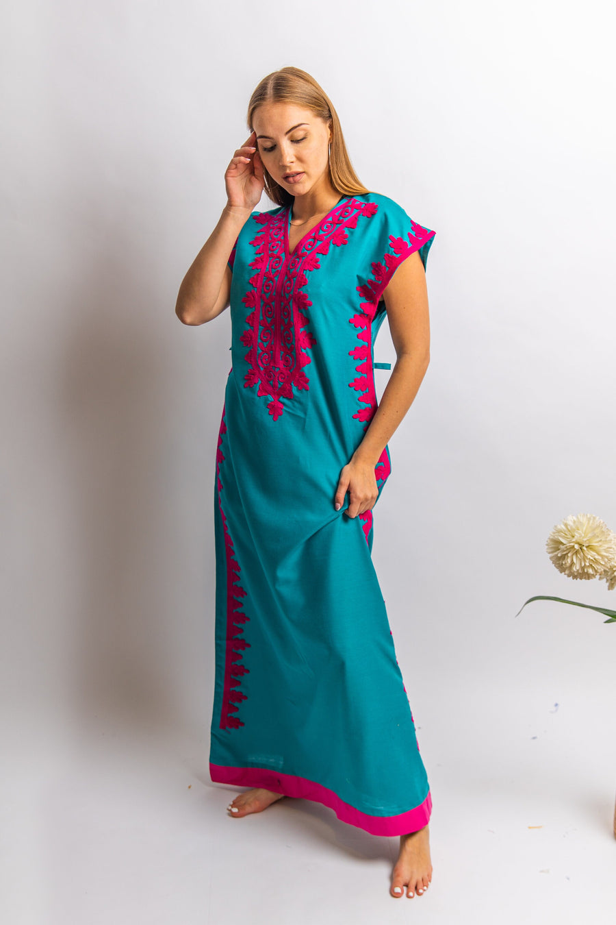 Elegant teal green evening maxi dress, Bohemian Kaftan. Summer night out, Elegant evening gown, classy dinner Kaftan, Egyptian cotton.