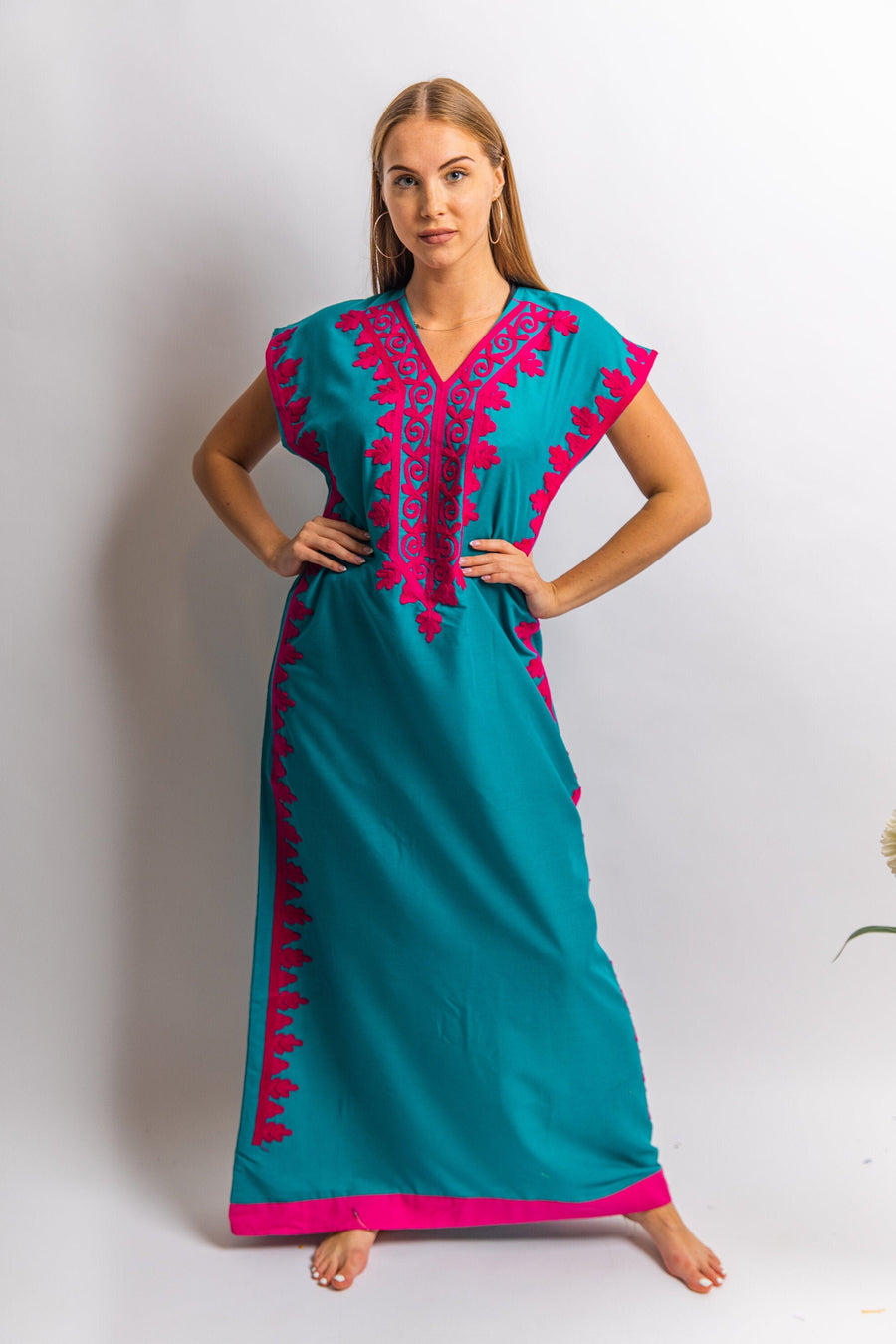 Elegant teal green evening maxi dress, Bohemian Kaftan. Summer night out, Elegant evening gown, classy dinner Kaftan, Egyptian cotton.