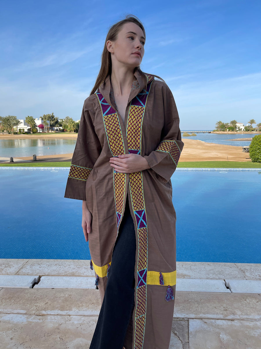 Bedouin hooded hand embroidered Kimono, Summer Linen embroidered coat, Bohemian winter Kimono, Long coat, Siwa Kimono, Linen cloak