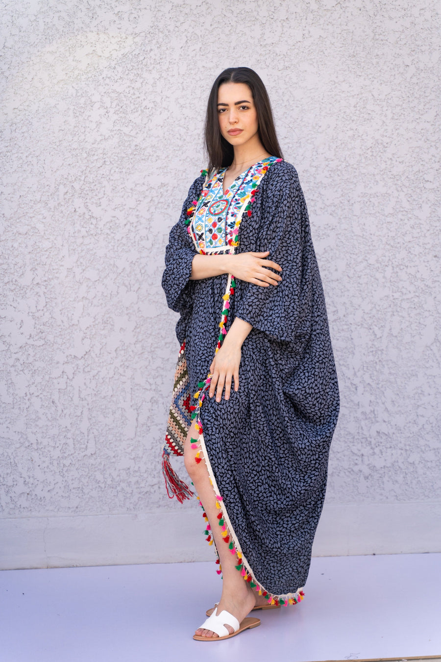 Stunning grey open slit caftan for women, cotton Kaftan dress, Embroidered caftans, Caftans for women, Free size caftan, Plus size kaftan