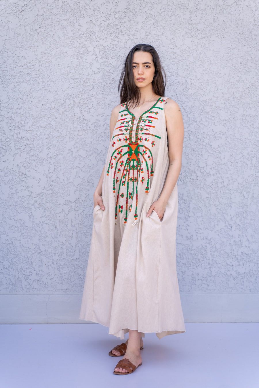 Boho Beige linen summer dress, Siwa embroidered kaftan dress, boho caftan, Summer Kaftan, Linen Caftans for women, caftans for women