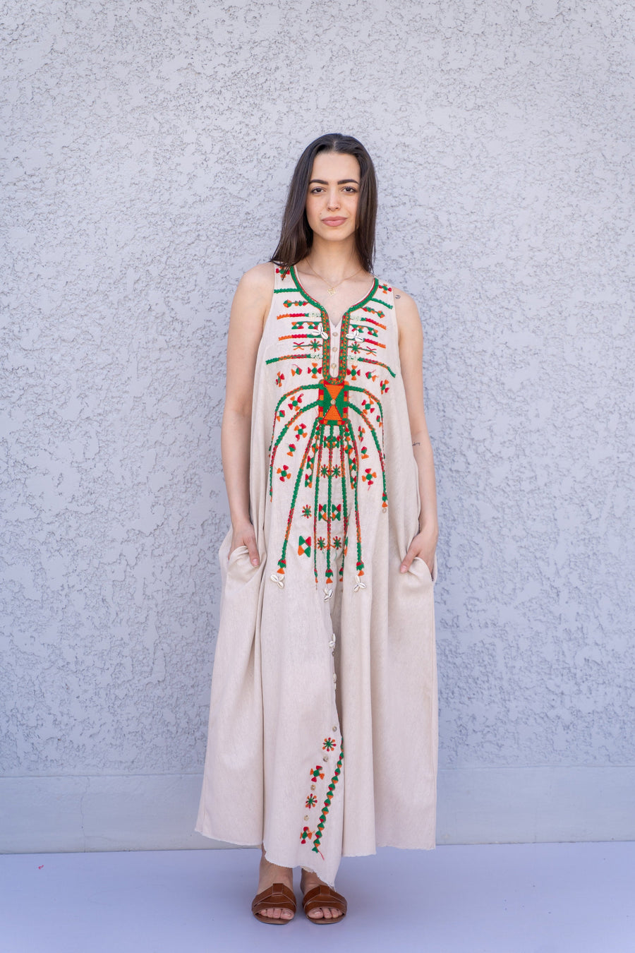 Boho Beige linen summer dress, Siwa embroidered kaftan dress, boho caftan, Summer Kaftan, Linen Caftans for women, caftans for women