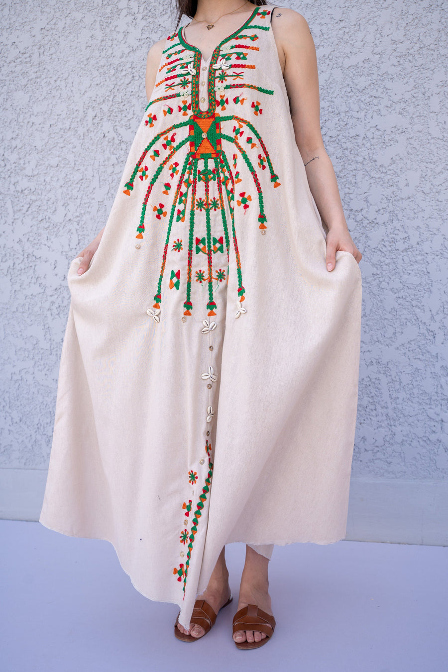 Boho Beige linen summer dress, Siwa embroidered kaftan dress, boho caftan, Summer Kaftan, Linen Caftans for women, caftans for women