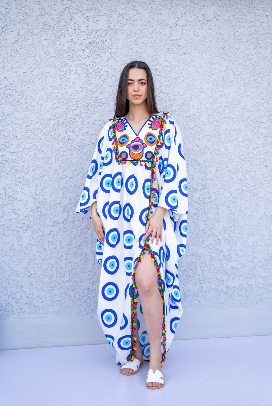 Stunning greek eye embroidered Kaftan dress, cotton caftans for women, Open slit Caftan for women, Loose fit caftan, Plus size kaftan