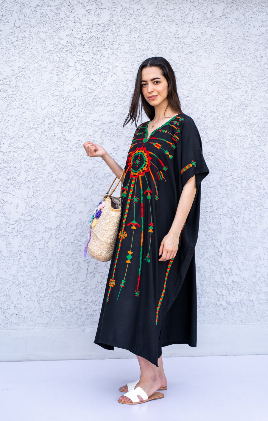 Short Siwa black embroidered cotton caftan, short embroidered kaftan, free size caftans, Summer Kaftan, Egyptian cotton Caftans for women