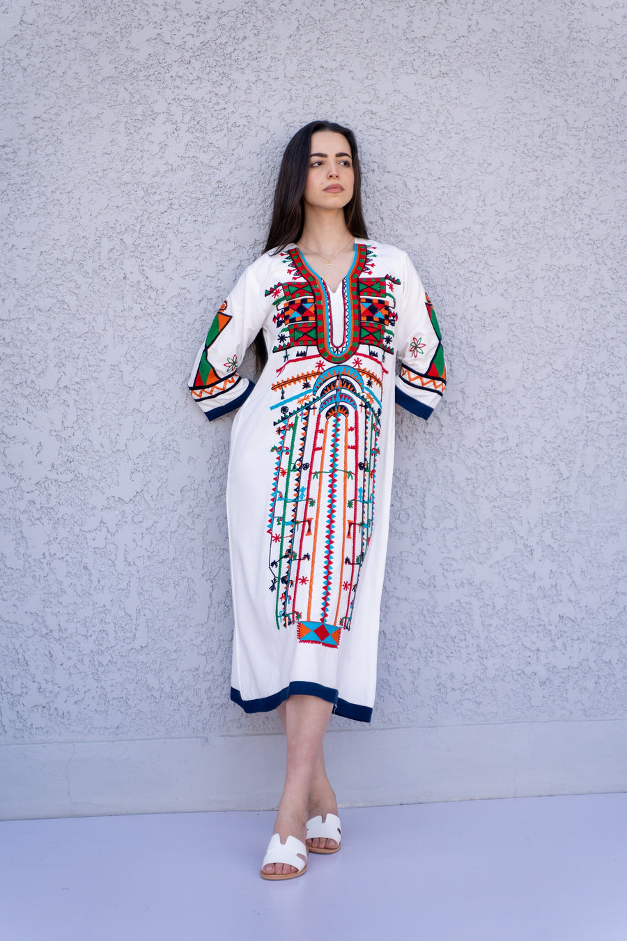 Siwa White Tunic embroidered kaftan, Bohemian embroidery tunic dress, Egyptian cotton, Resort caftan, Summer, party, casual, home dress