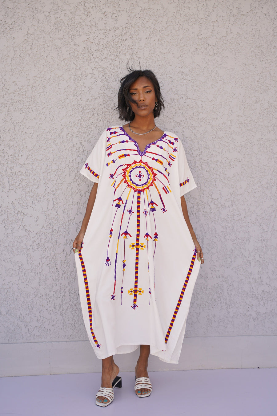 Stunning white embroidered cotton caftan, short embroidered kaftan, free size caftans, Summer Kaftan, Egyptian cotton Caftans for women